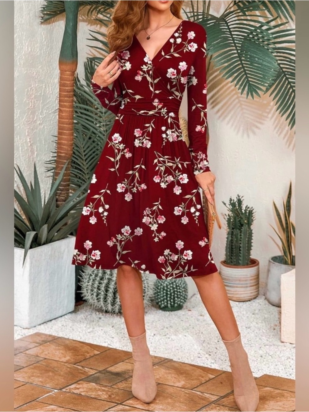 Burgundy Floral Long-Sleeve Wrap Dress